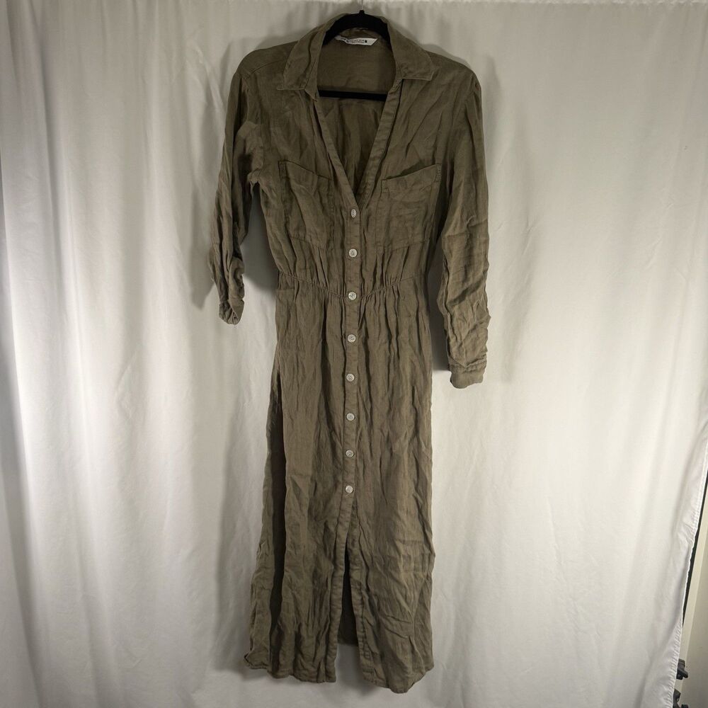 Zara Linen Dress Women's Small Green Long Sleeve Button Up Collared Midi